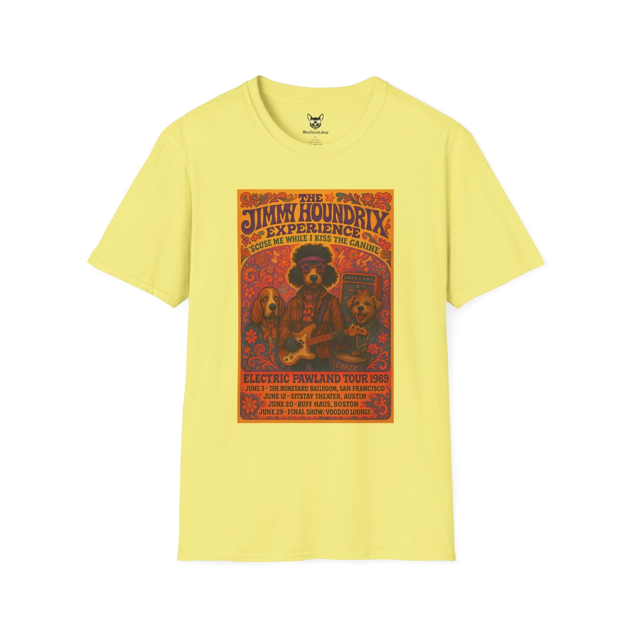 Jimi Hendrix Concert Poster Dog Parody Unisex Softstyle T-Shirt -- Funny Rock Tee for Music and Dog Lovers